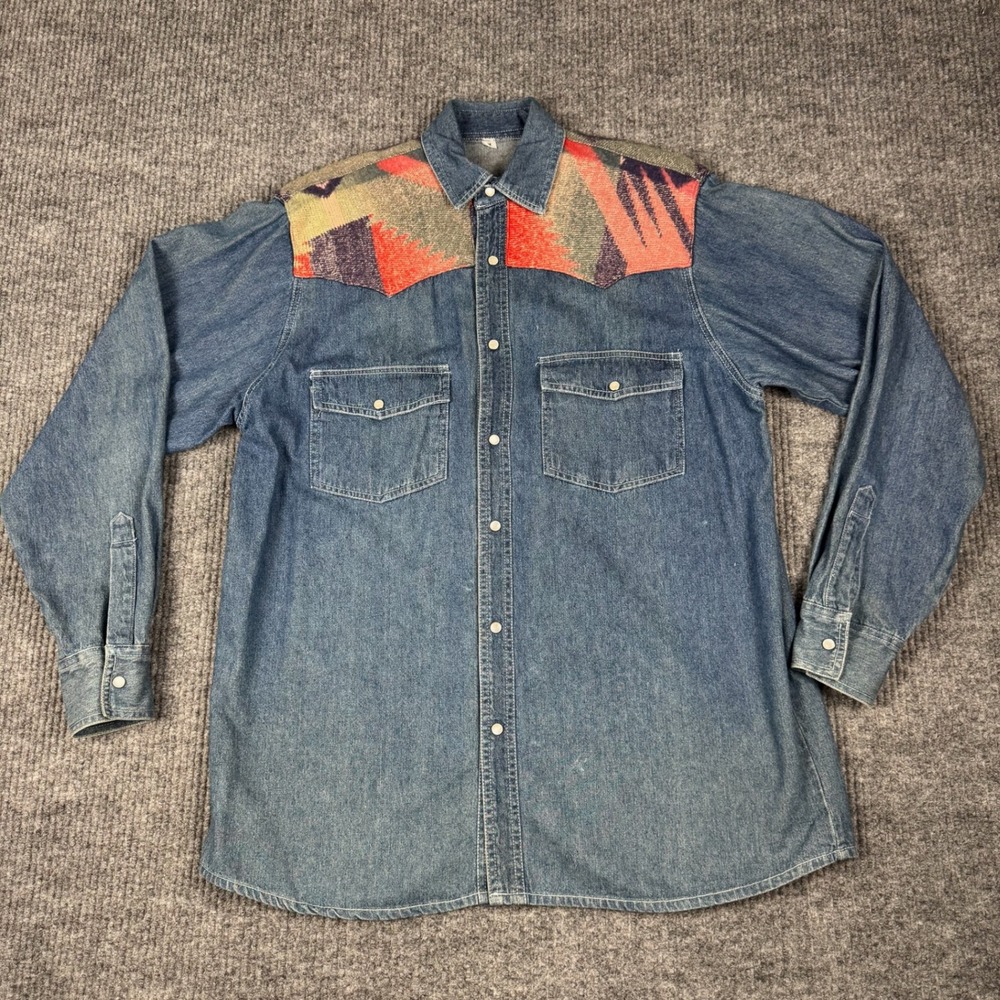 Western Denim Shirt Mens M Blanket Yoke Pearl Snap Southwestern Cowboy Cotton